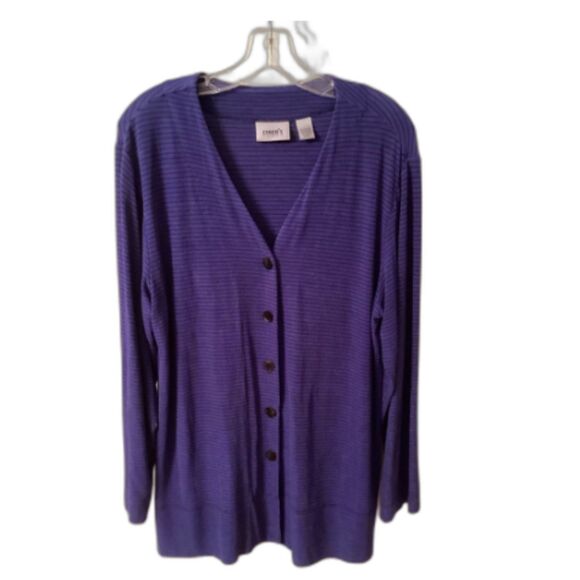 CHICO'S TRAVELERS LARGE US 12 STRIPED V NECK BUTTON FRONT SLINKY TUNIC TOP - Picture 1 of 9